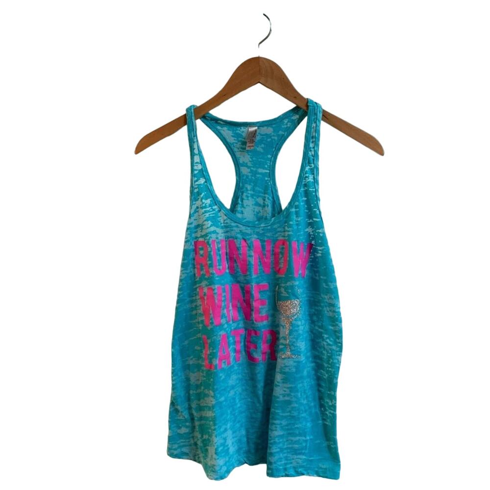 Run Now Wine Later bright blue burnout tank top, size L